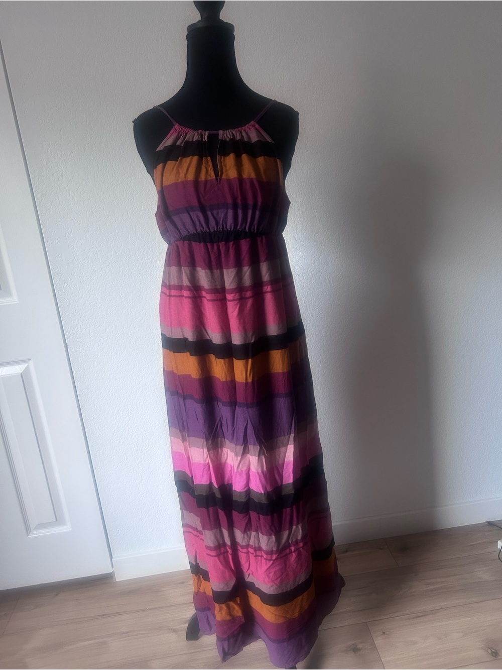 LOFT Striped Keyhole Tie Neck Maxi Dress Pink, Purple & Orange Boho Summer